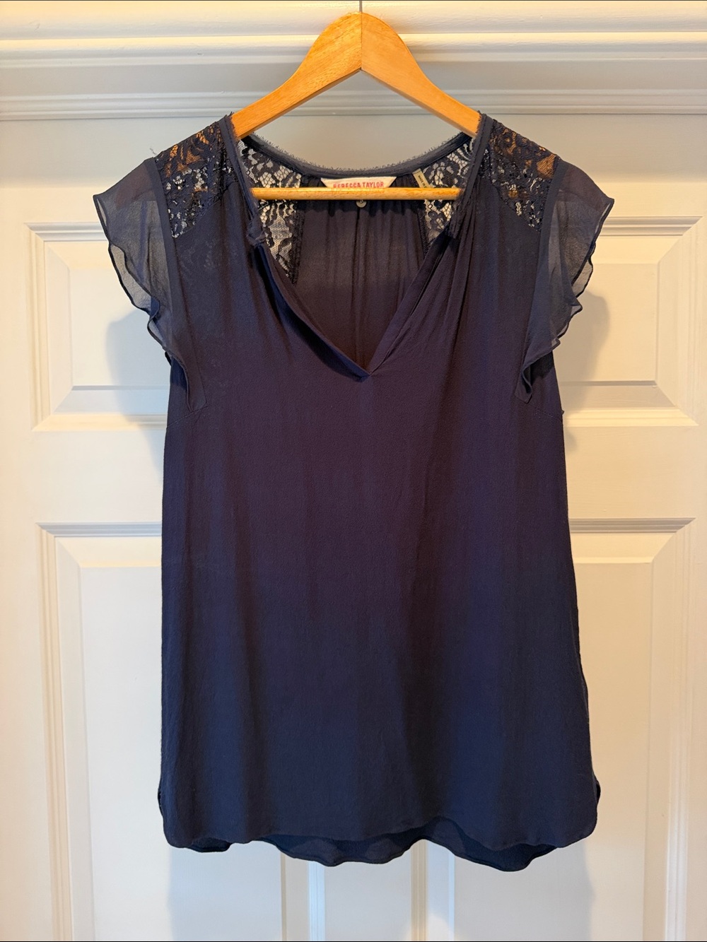 Rebecca Taylor Navy Lace-Trim V-Neck Flutter Sleeve Top